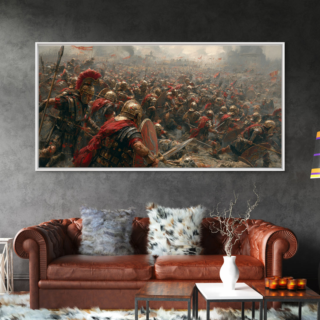 Epic Roman Battlefield With Shields And Banners Canvas Print, Historical Art, Warrior Wall Art, Large Wall Art, Office Decor
