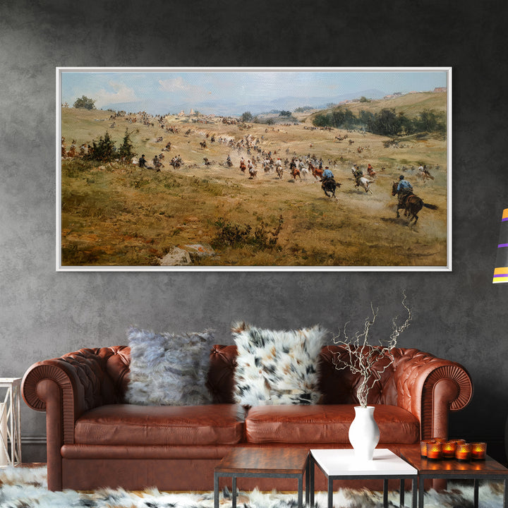 Cavalry Charge Across Rolling Hills Wall Art, Historical Battle Canvas Print For Rustic Living Room Decor And Office Decor