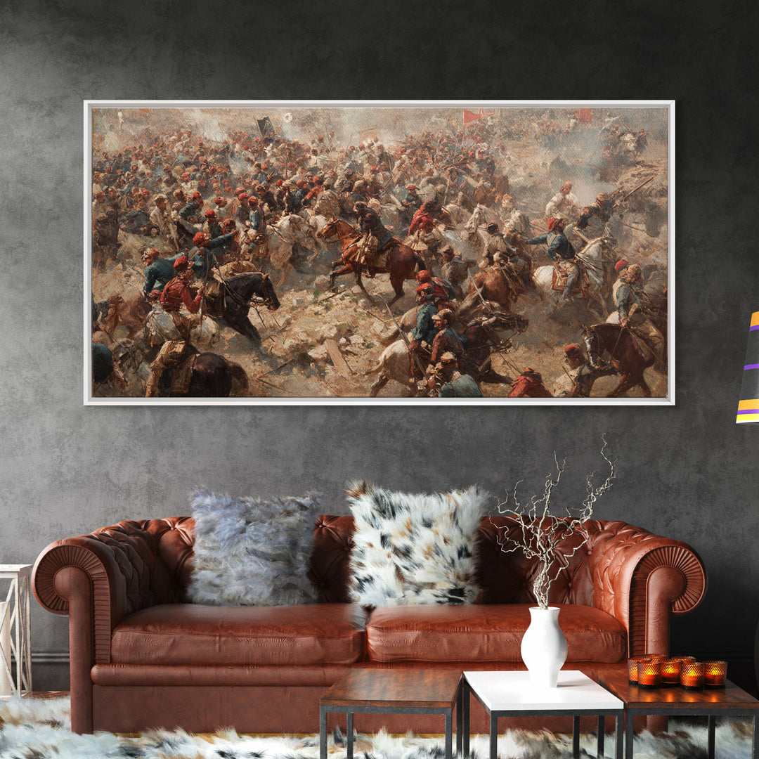 Panoramic Cavalry Charge In Dusty Battle Wall Art, Historic War Canvas Print, Large Living Room Decor, Equestrian Art Print