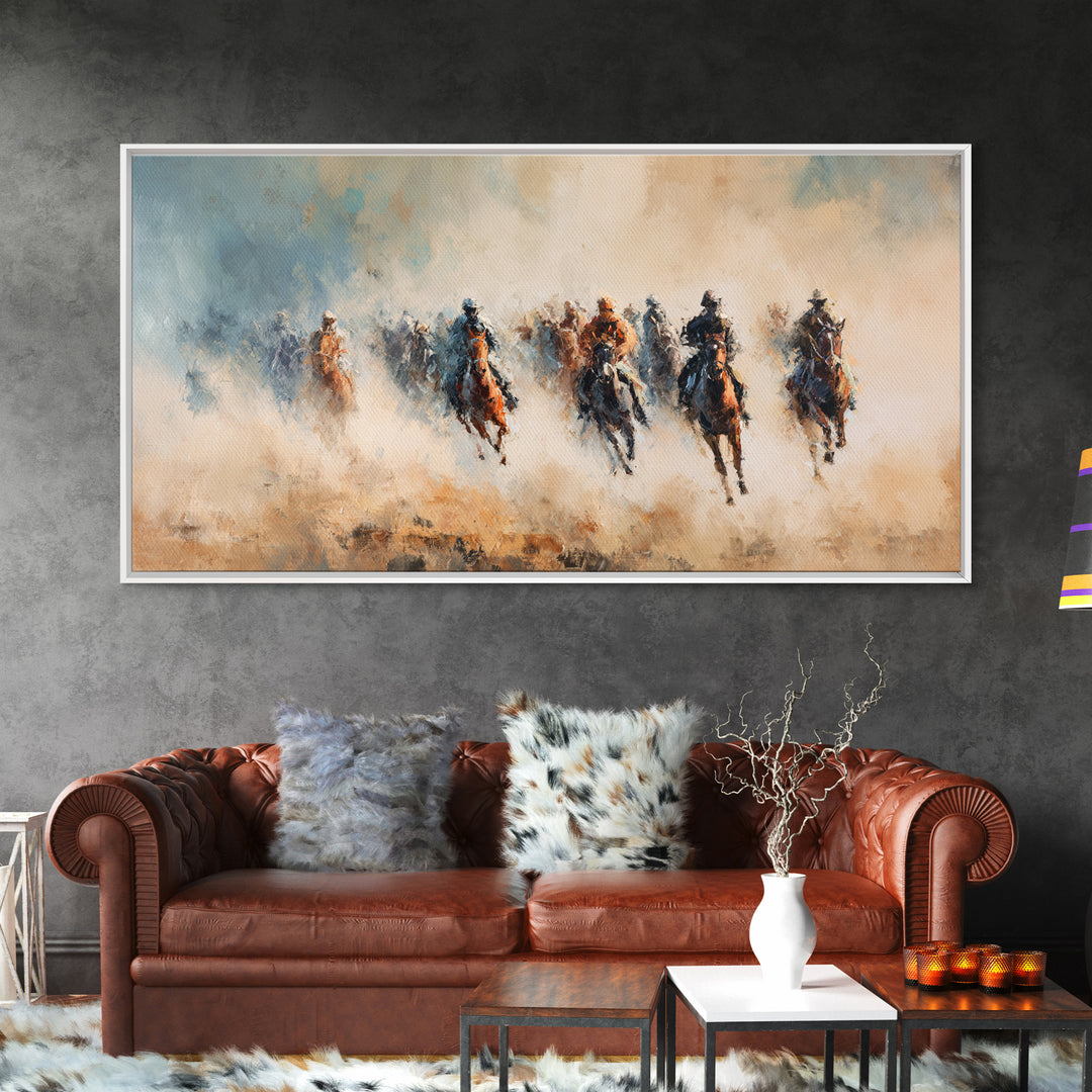 Galloping Horse Riders In Dust Canvas Print, Western Wall Art, Abstract Landscape, Rustic Ranch Decor, Gift For Horse Lover