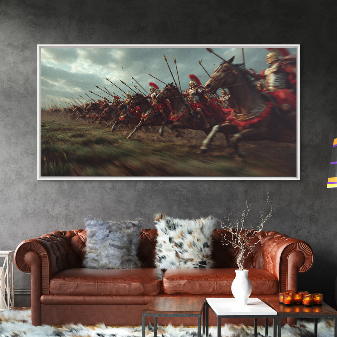 Ancient Cavalry Charge Across Battlefield Wall Art, Horse Racing Battle Canvas Print, Greek Warrior Decor, Dramatic History Poster