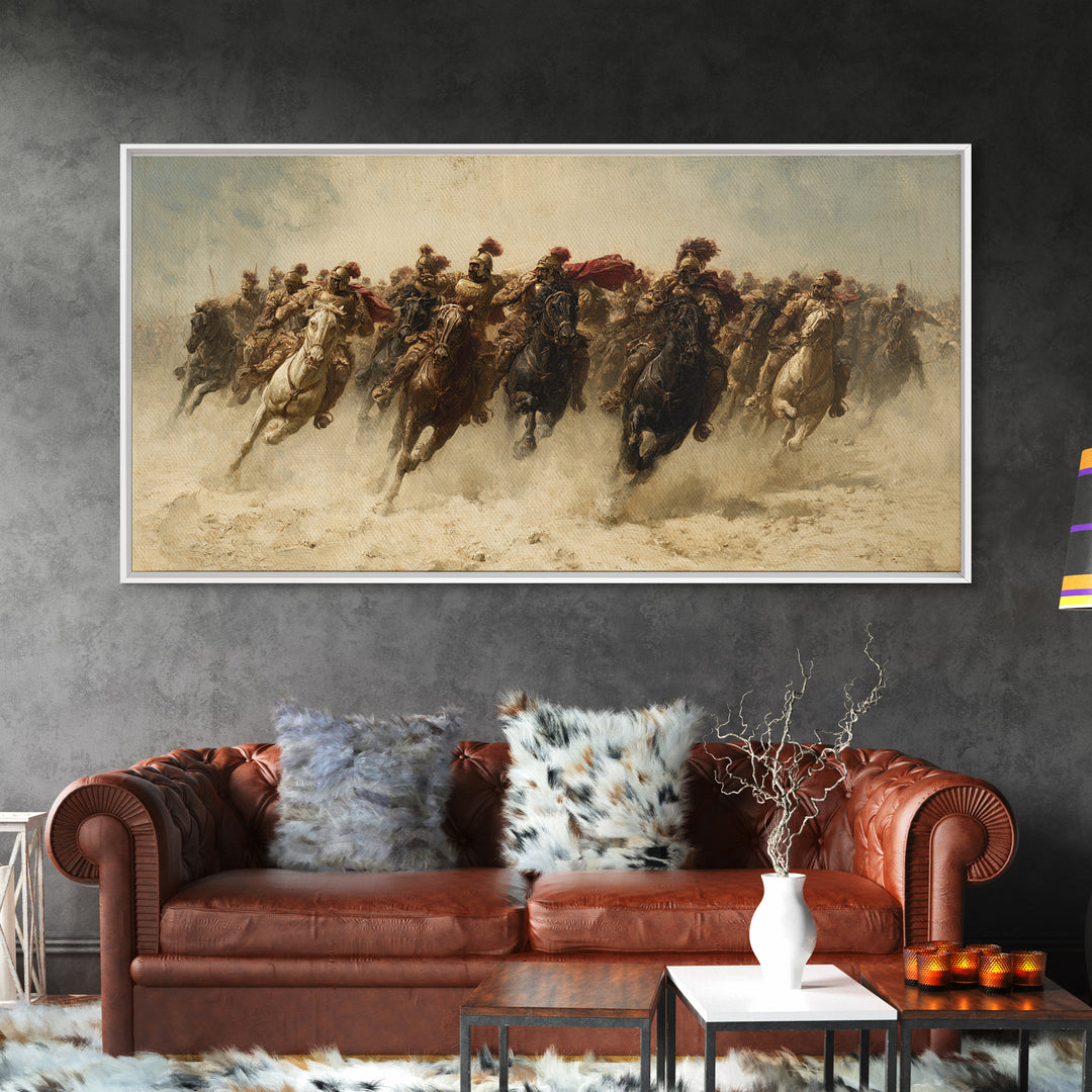 Charging Cavalry Across Dusty Plains Canvas Print, Equestrian Battle Wall Art, Western Horse Decor, Statement Living Room Art