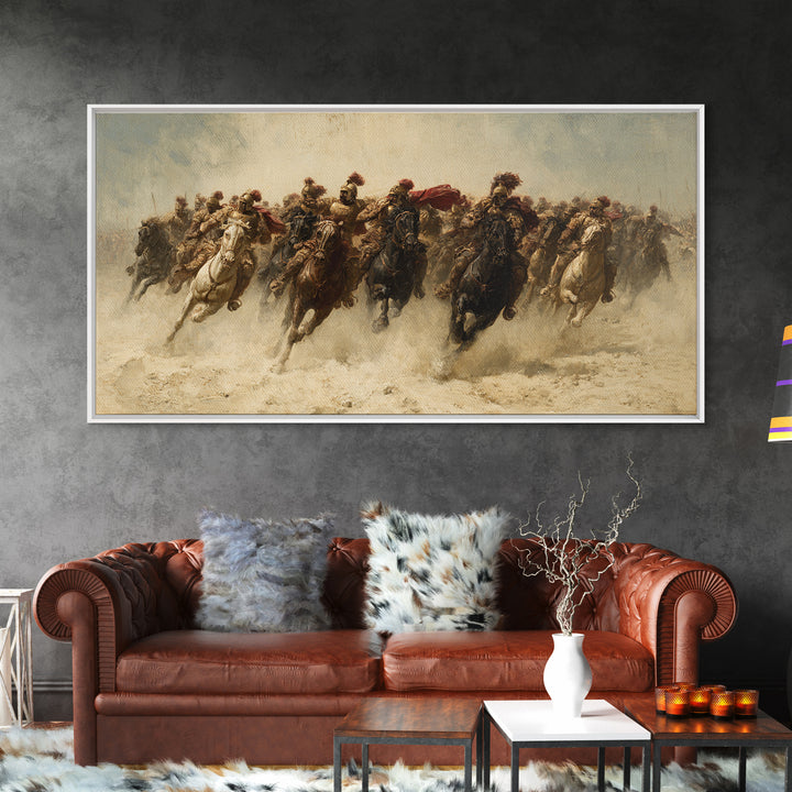 Charging Cavalry Across Dusty Plains Canvas Print, Equestrian Battle Wall Art, Western Horse Decor, Statement Living Room Art
