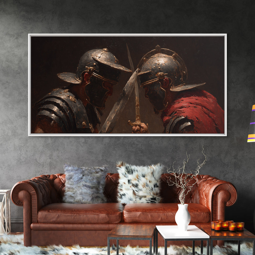Close Combat Helmeted Knights Crossing Swords Framed Canvas Print, Medieval Duel Wall Art, Dark Academia Office Decor Gift