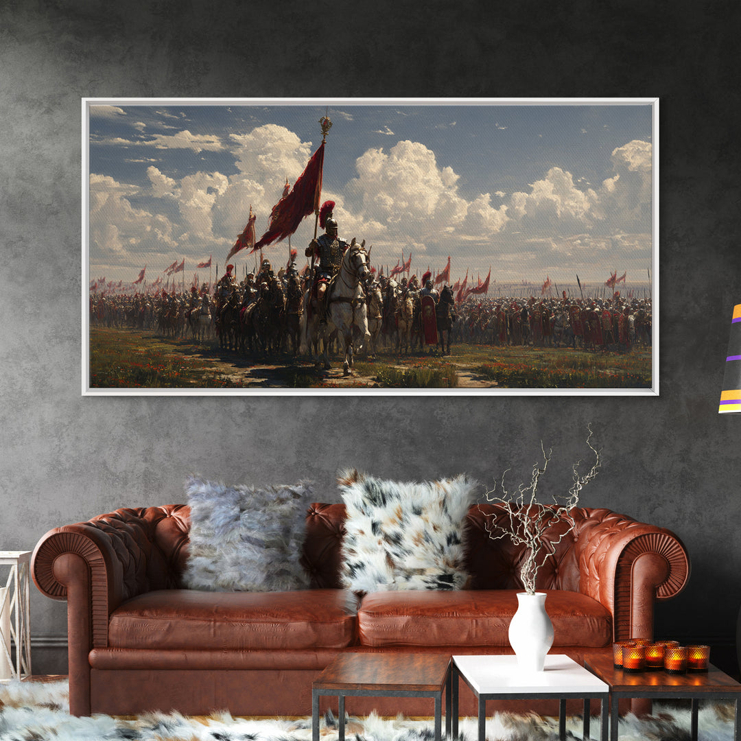 Mounted Knight Army With Red Banner Framed Canvas Print, Medieval Battle Wall Decor, Historical Art, Living Room Decor, Statement Artwork