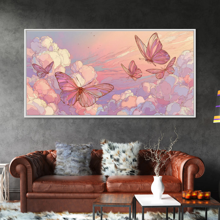 Pastel Butterfly Clouds Wall Art, Dreamy Pink Sky Illustration, Whimsical Nursery Decor, Celestial Bedroom Print For Girls Room