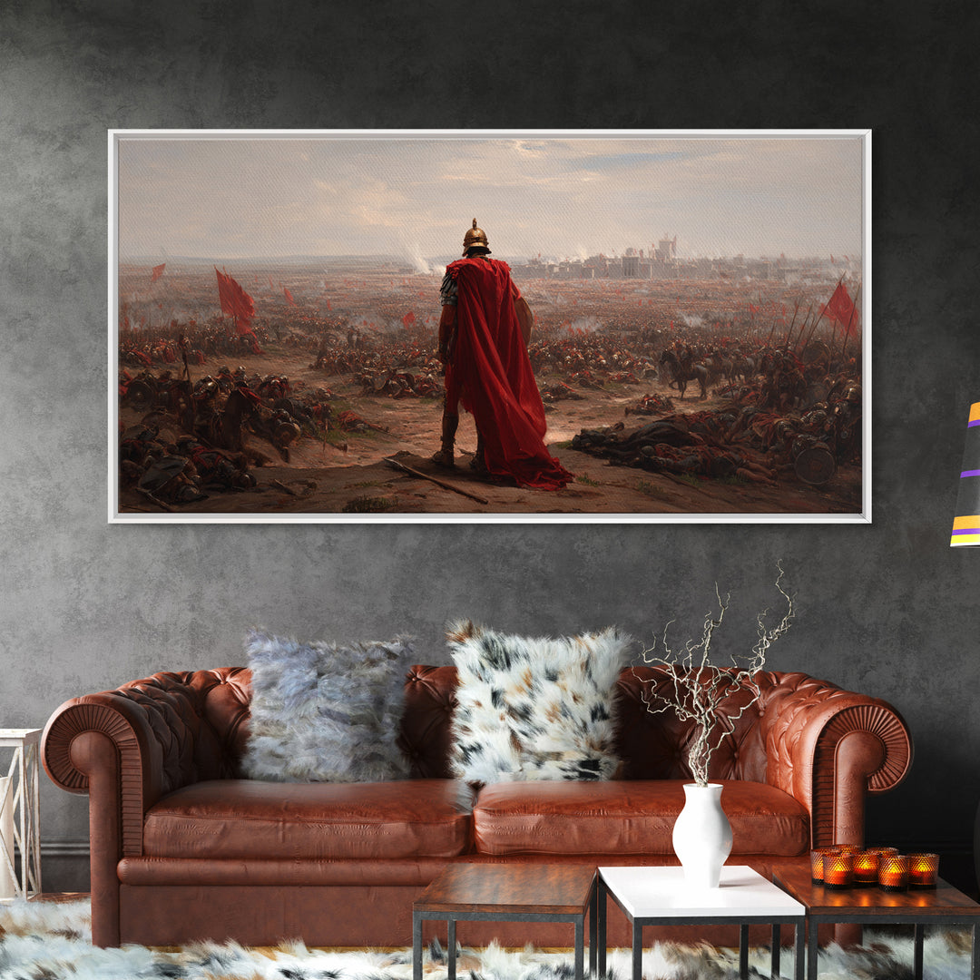 Roman General Over Epic Battlefield Framed Canvas Print, Ancient War Landscape Wall Art, Historical Decor For Living Room