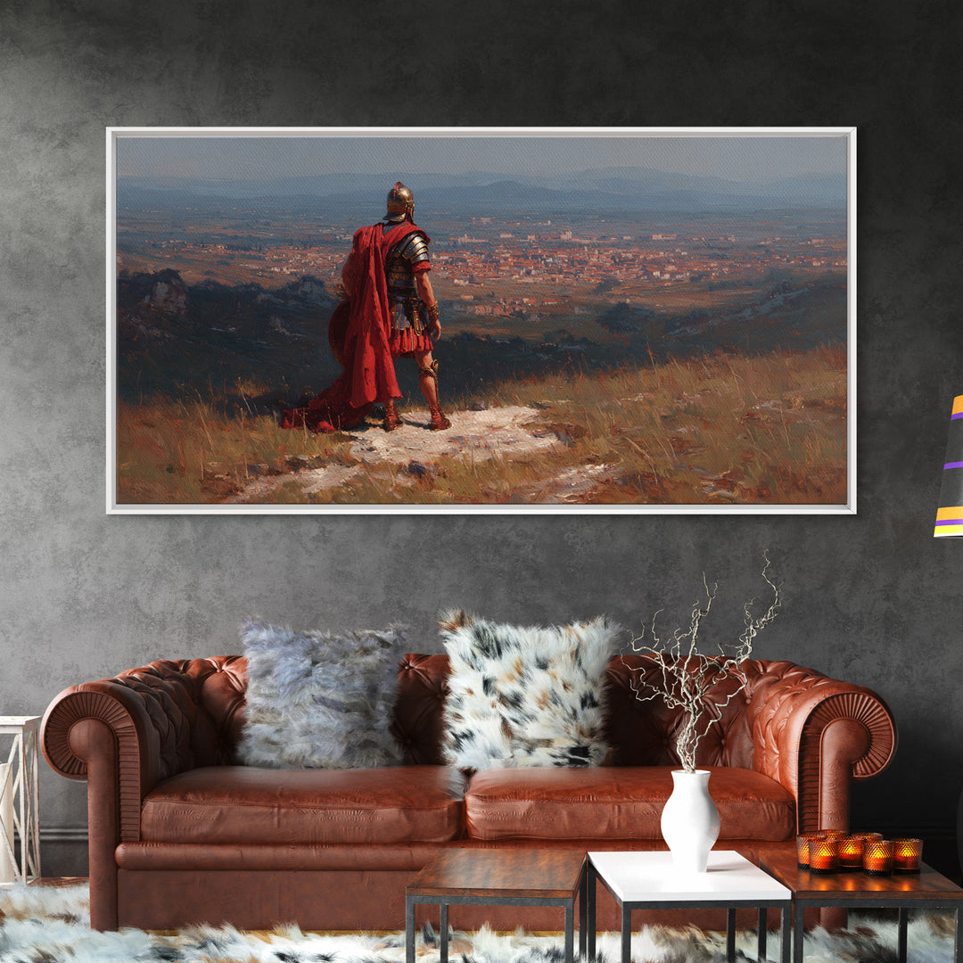 Roman General Over Ancient City Wall Art Historical Landscape Canvas Print, Legionary Warrior Decor For Office And Study