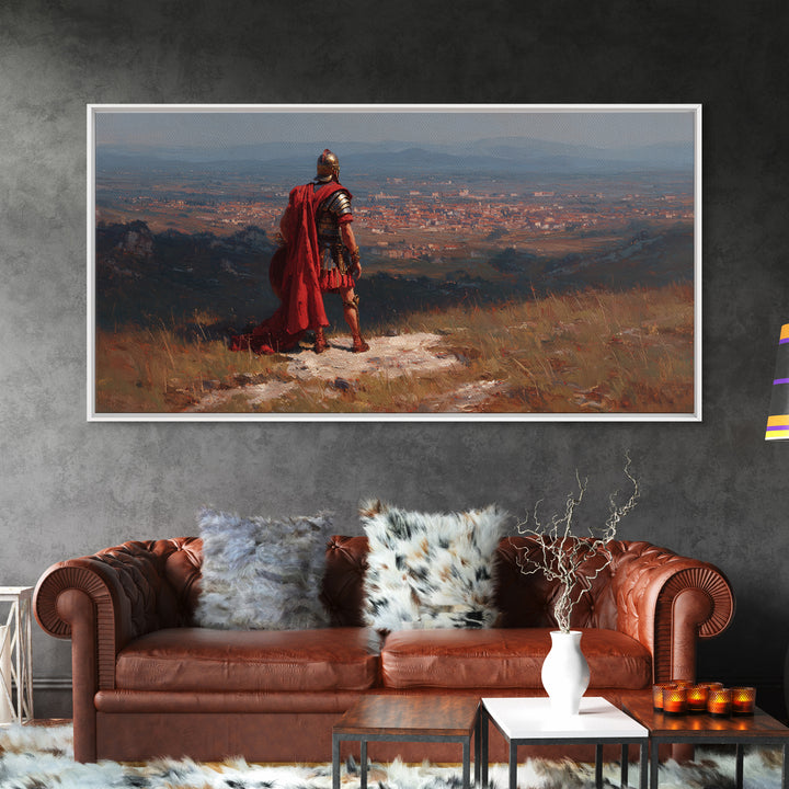 Roman General Over Ancient City Wall Art Historical Landscape Canvas Print, Legionary Warrior Decor For Office And Study