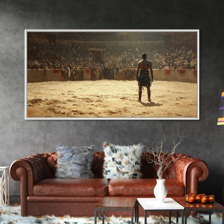 Gladiator Facing Roaring Arena Wall Art, Ancient Rome Warrior Canvas Decor, Historical Battle Painting For Man Cave Decor