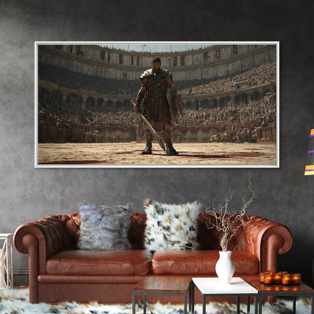Majestic Gladiator In Arena With Sword And Shield Large Wall Art Framed Canvas Print For Man Cave Decor And Historical Art Prints