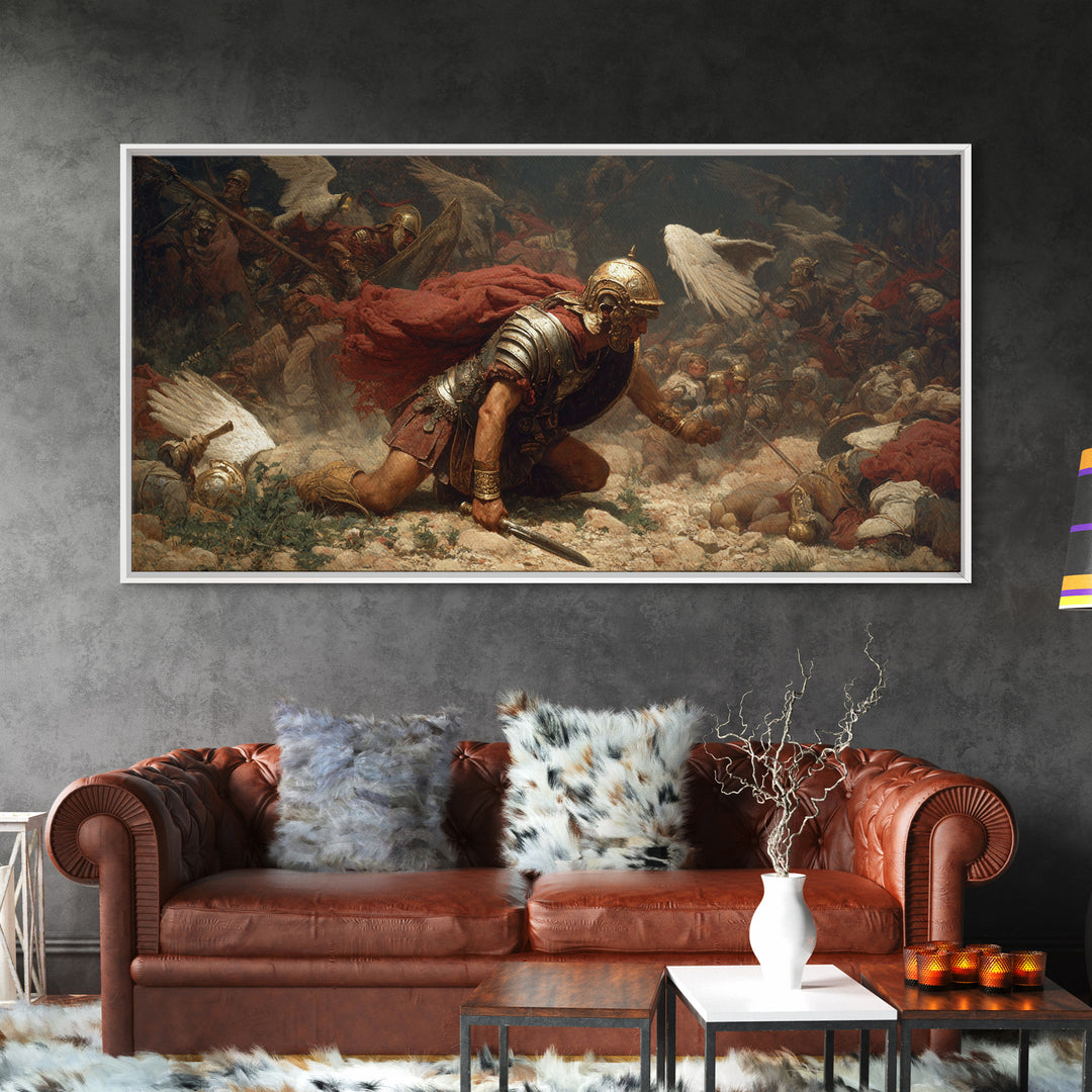 Fallen Roman Soldier In Chaotic Battle Framed Canvas Print, Classical War Wall Decor, Baroque History Art, Dark Academia