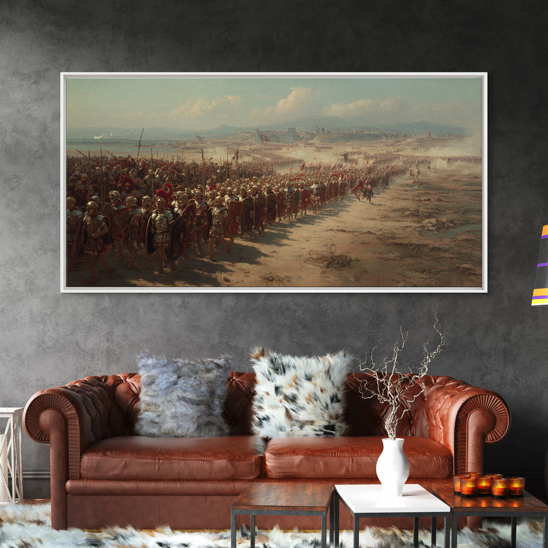 Ancient Legion Marching To Coastal City Wall Art, Historical Battle Framed Canvas Print For Office Decor And Living Room