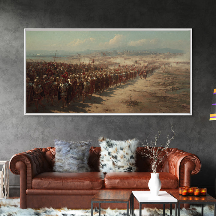 Ancient Legion Marching To Coastal City Wall Art, Historical Battle Framed Canvas Print For Office Decor And Living Room