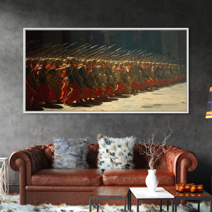 Ancient Phalanx Soldiers With Spears Framed Canvas Print, Greek Warrior Wall Art, Classical Battle Decor For Study And Office