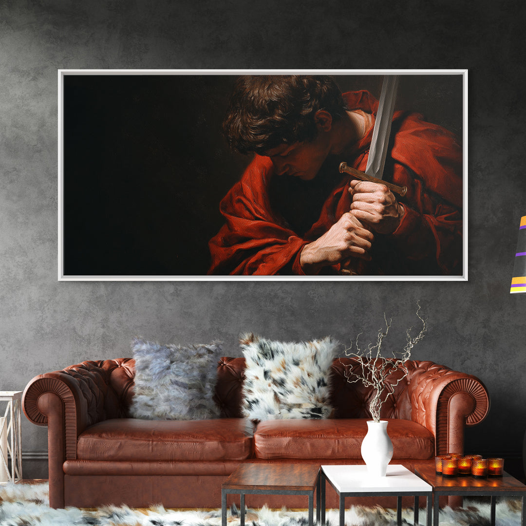 Red Cloaked Swordsman In Shadow Framed Canvas Print, Medieval Portrait Wall Art, Dark Academia Office Decor, Gift For Him