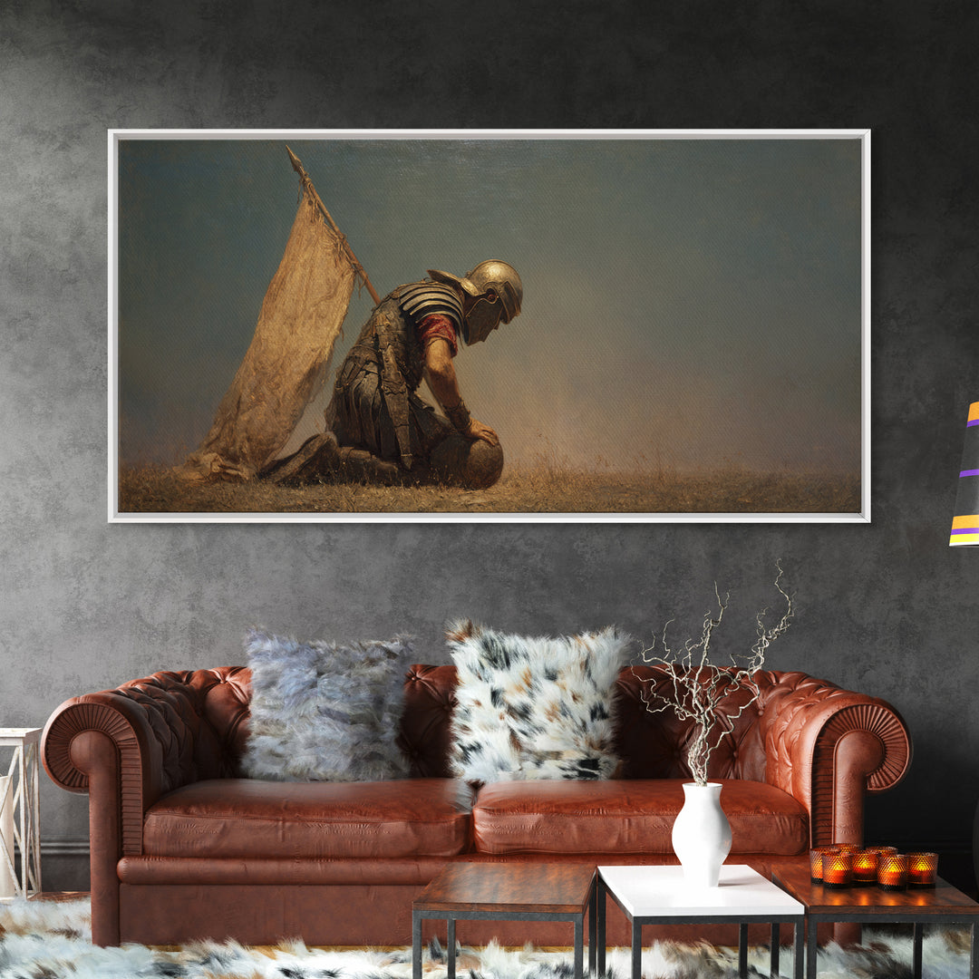 Kneeling Ancient Soldier Beside Tent Canvas Print, Historical Warrior Wall Art, Desert Battlefield Decor, Masculine Gift For Him