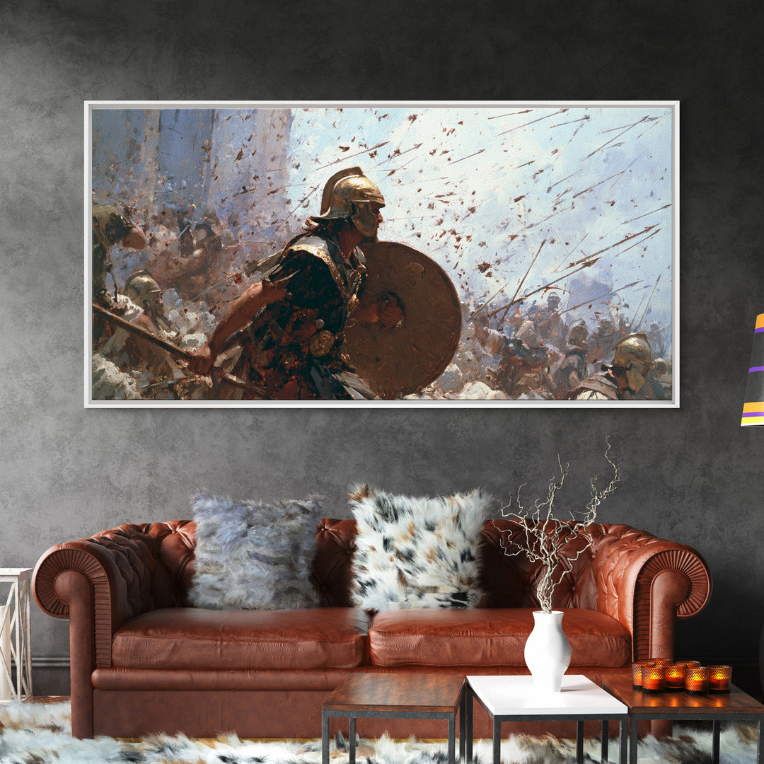 Ancient Shield Bearer Charging Through Arrows Wall Art, Roman Battle Painting, Historical Warrior Living Room Decor Gift For Him