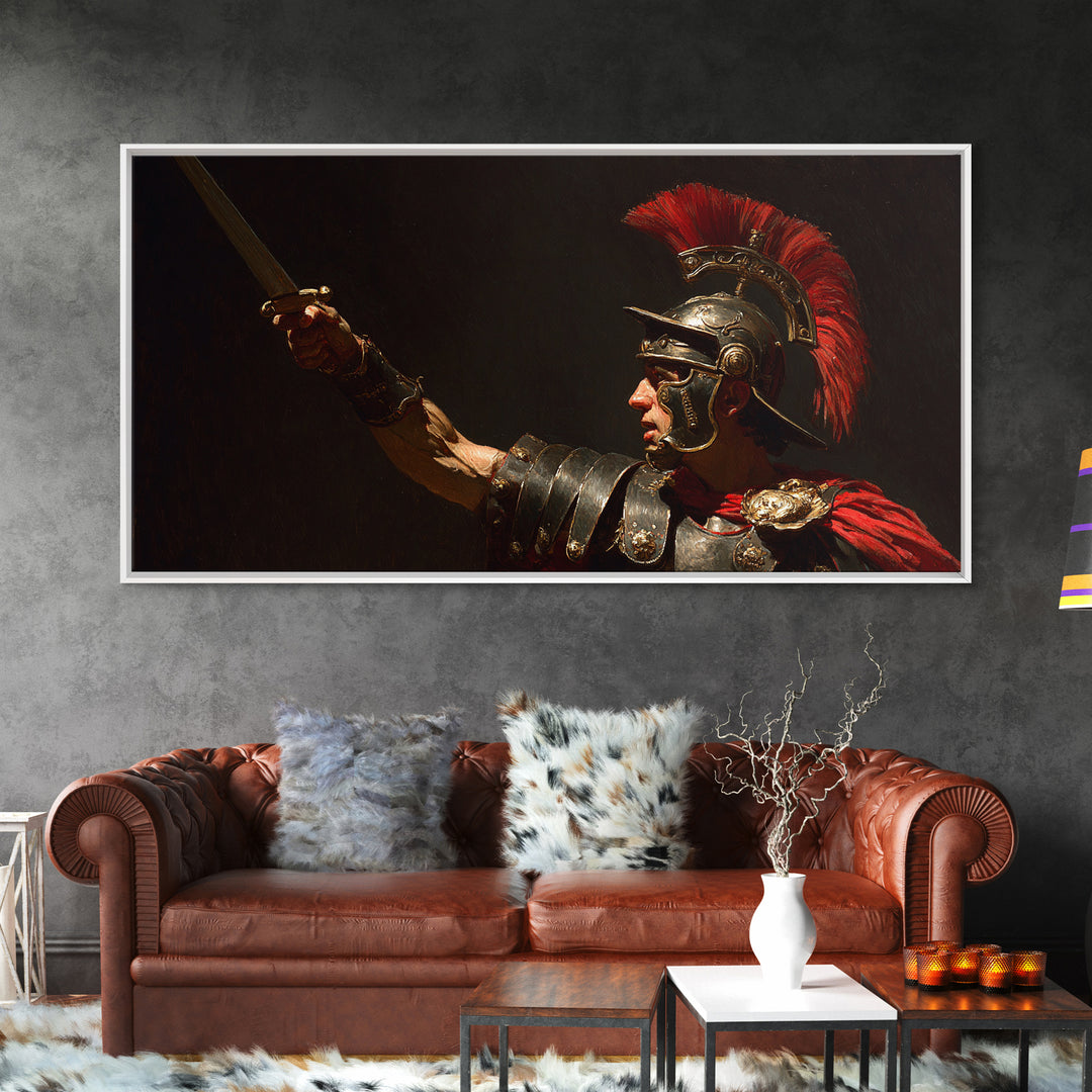 Roman Centurion Raising Sword Framed Canvas Print, Ancient Warrior Wall Art, Dark Academia Decor, Gift For Him, Masculine Office Decor