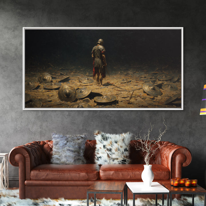 Lone Roman Warrior On Battlefield Framed Canvas Print, Dark Historical Wall Art, Moody Ancient Decor, Masculine Office Art
