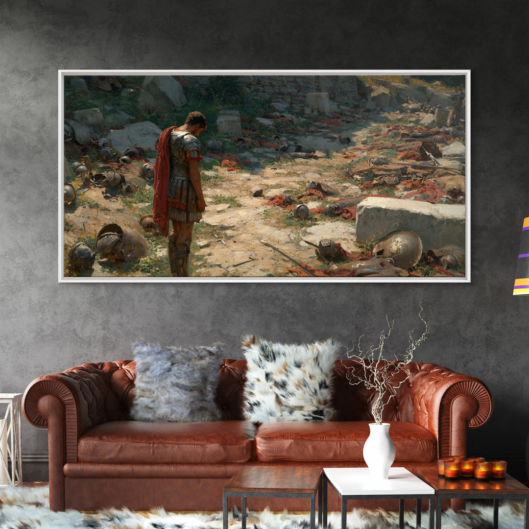 Roman Soldier After Battle Wall Art, Ancient Warrior Canvas Painting, Historical Ruins Decor, Moody Office Art Gift For Him