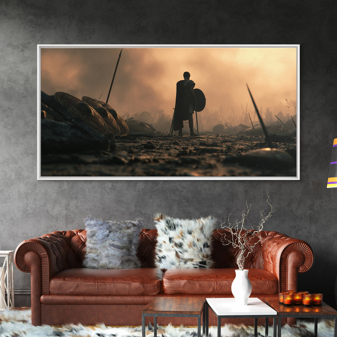Lonely Spartan Warrior On Smoky Battlefield Canvas Print, Ancient Greek Wall Art, Masculine Office Decor, Gift For Him Poster