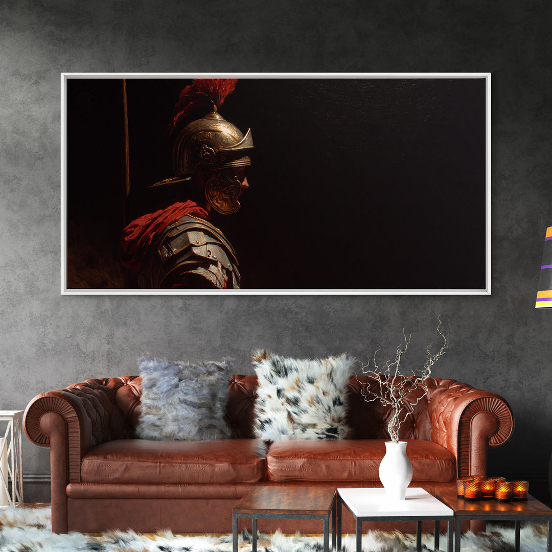 Roman Legion Helmet In Dramatic Shadow Wall Art, Classical Warrior Canvas, Dark Academia Decor, Masculine Office Art Print