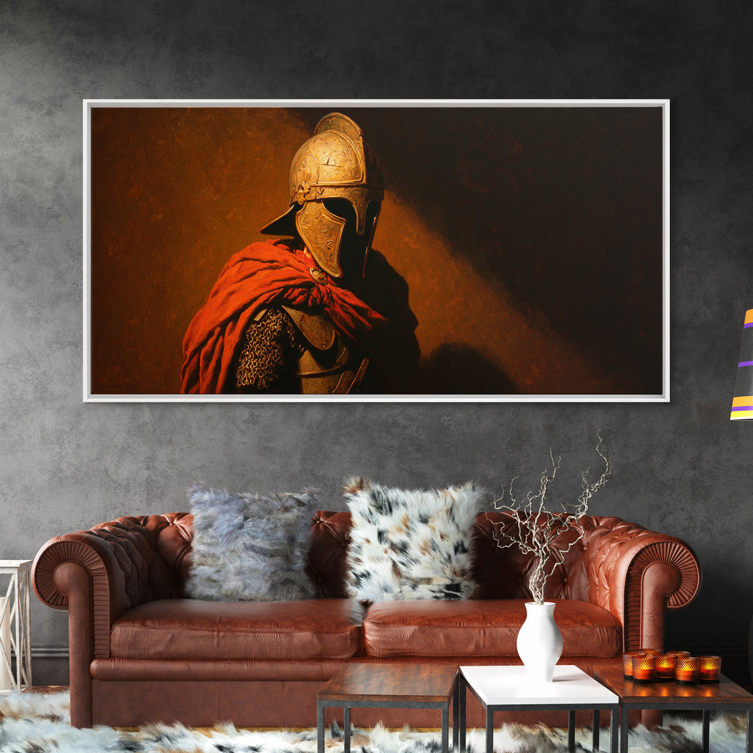 Ancient Helmeted Warrior In Red Cloak Canvas Print, Spartan Wall Art, Dark Academia Decor, Masculine Office Gift For Him