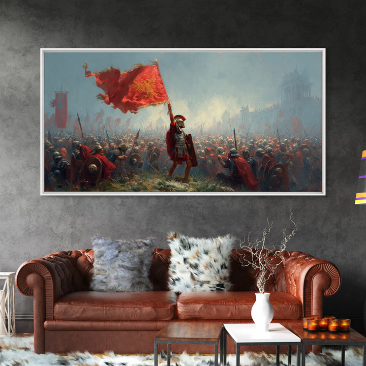 Roman Standard Bearer Battle Wall Art, Ancient Warrior Canvas Decor, Historical Painting, Large Living Room Art Print Gift For Him