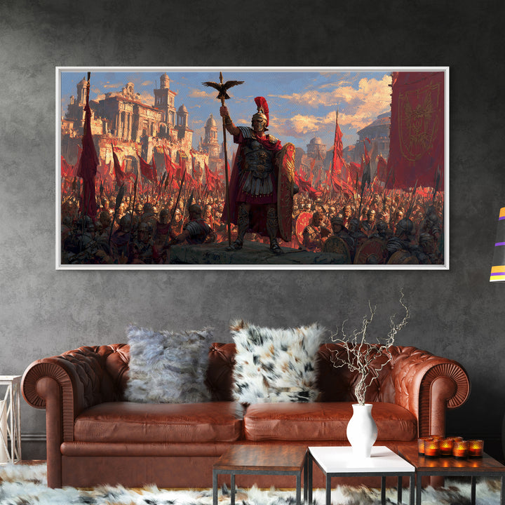 Triumphant Roman General Before Legions Framed Canvas Print, Historical Art, Warrior Wall Art, Statement Artwork, Office Decor