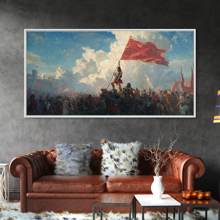 Epic Red Flag Battle Scene Wall Art, Historical Warrior Canvas, Dramatic Army Painting, Large Living Room Decor Gift For Him