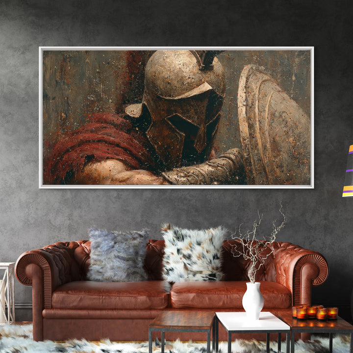Bronze Helmet And Shield Warrior Framed Canvas Print, Ancient Battle Wall Art, Textured Painting, Gift For Him, Masculine Office Decor