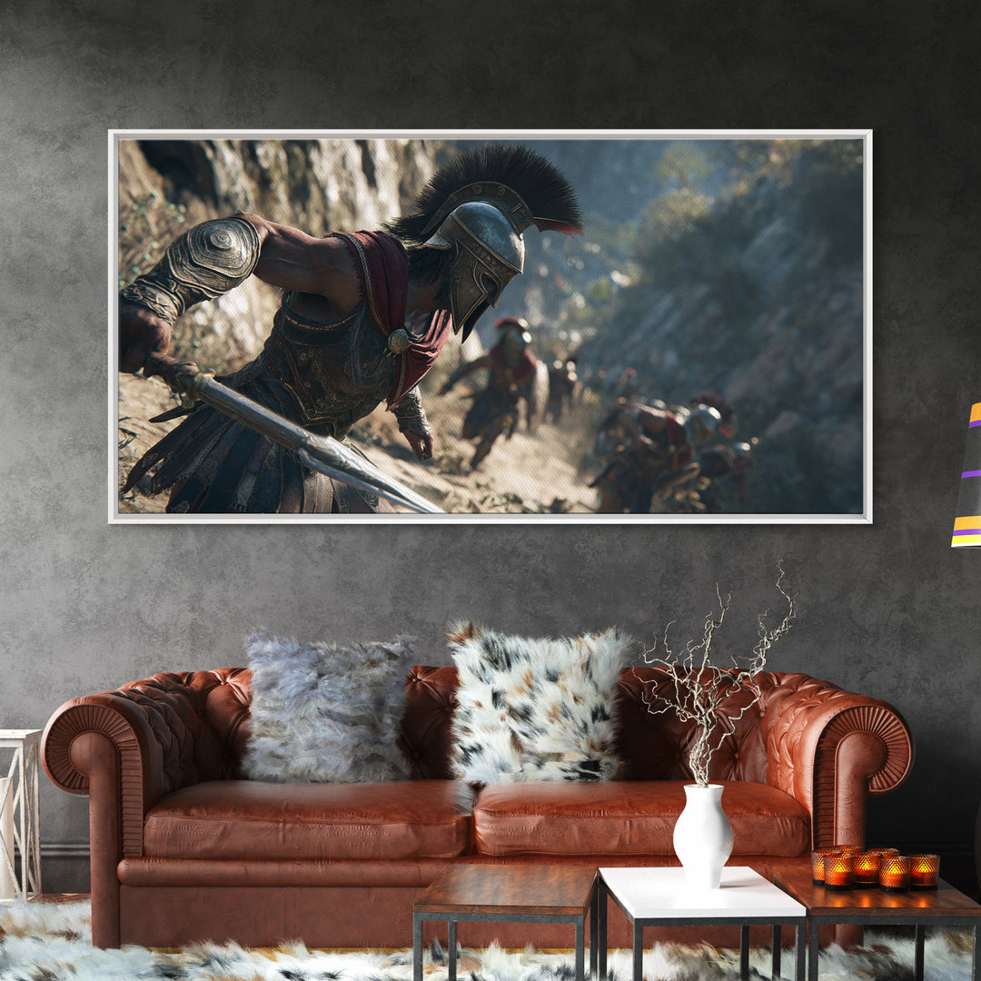 Spartan Warrior Sprinting Through Mountain Pass Wall Art, Ancient Greek Canvas Print, Battle Scene Decor, Masculine Office Poster