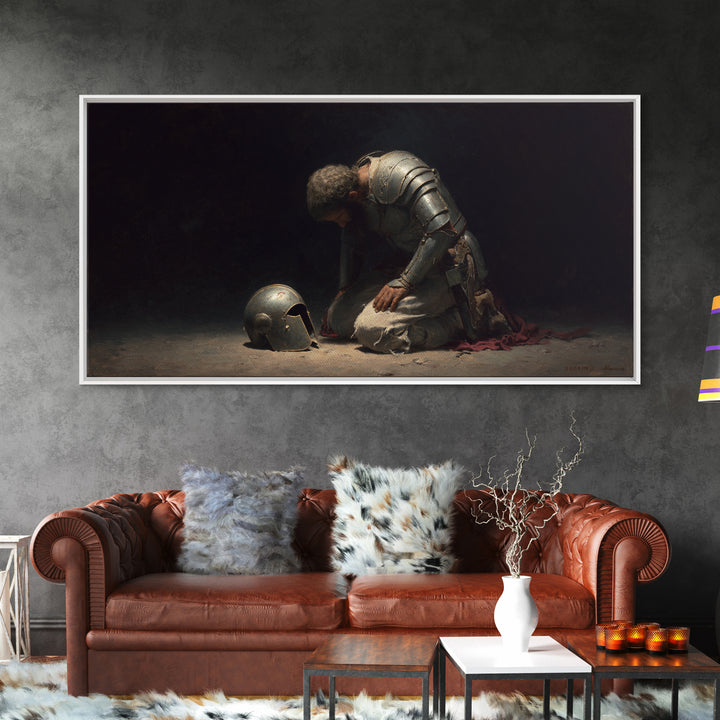 Kneeling Knight With Helmet Wall Art, Dark Medieval Canvas Painting, Gothic Warrior Decor, Moody Office Art Gift For Him
