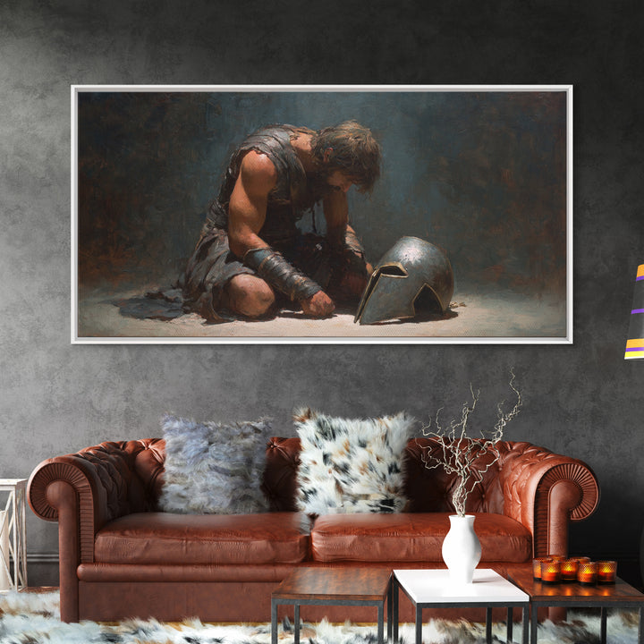 Defeated Ancient Gladiator With Helmet Framed Canvas Print, Dark Academia Wall Decor, Mythological Art, Gift For Him, Living Room Art