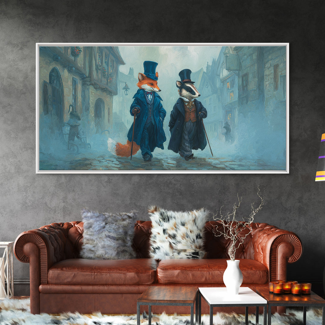 Dapper Fox And Badger In Foggy Village Canvas Print, Whimsical Animal Wall Art, Storybook Nursery Decor Gift, Kids Room Art