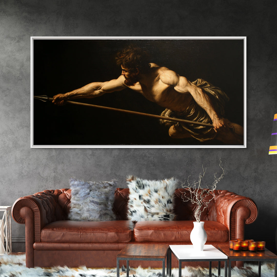Muscular Warrior With Spear In Dramatic Shadow Wall Art, Baroque Classical Canvas, Dark Academia Decor, Mythology Art Print