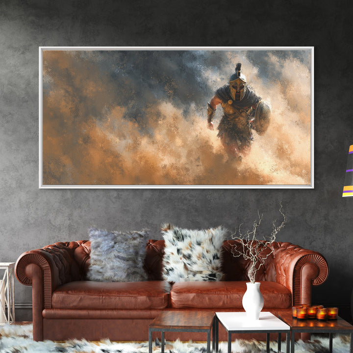 Armored Gladiator Charging Through Dust Framed Canvas Print, Roman Warrior Wall Art, Dramatic Man Cave Decor, Gift For Him