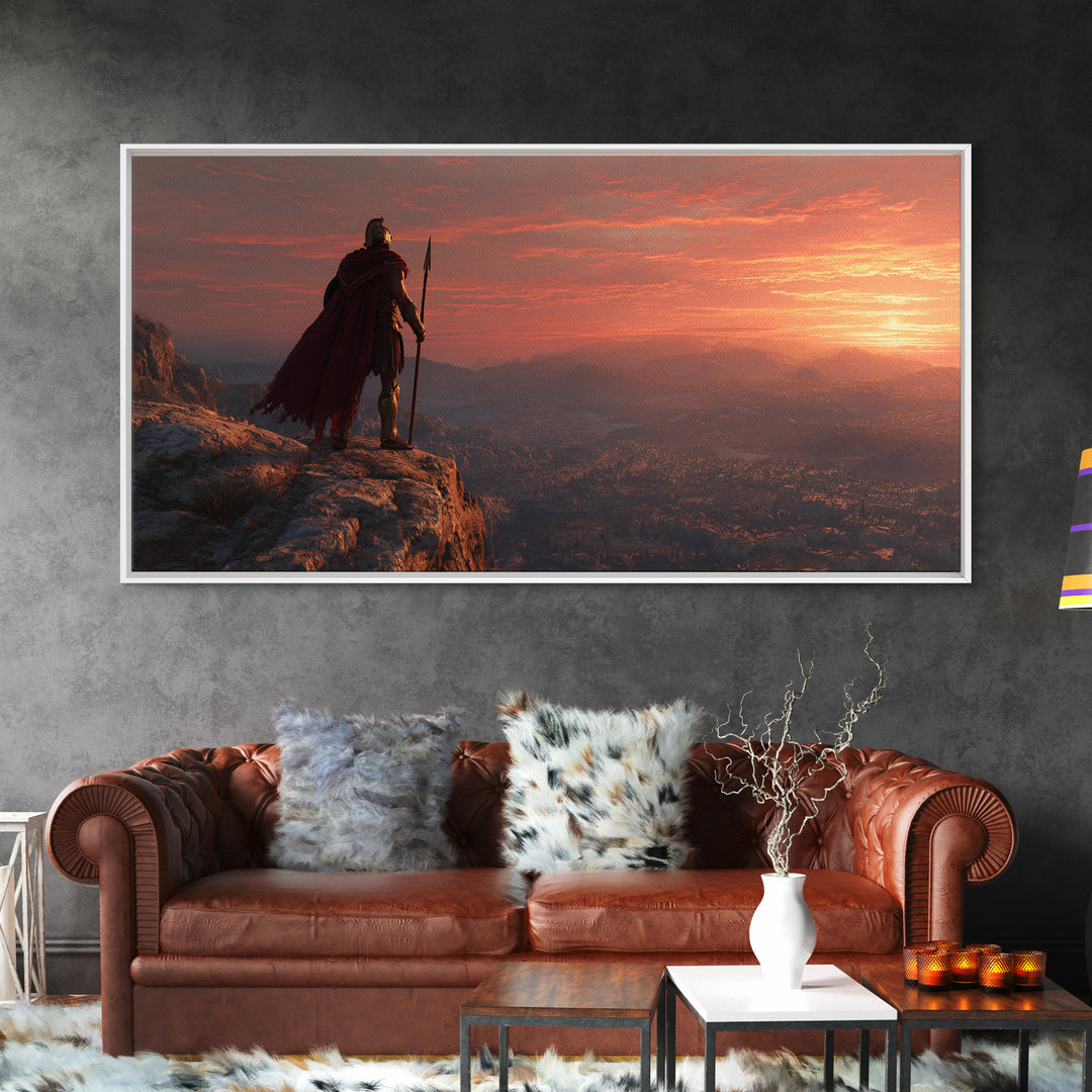 Epic Ancient Warrior Standing On Cliff Overlooking Valley Sunset Landscape Wall Art Modern Digital Painting Canvas Print For Office Decor