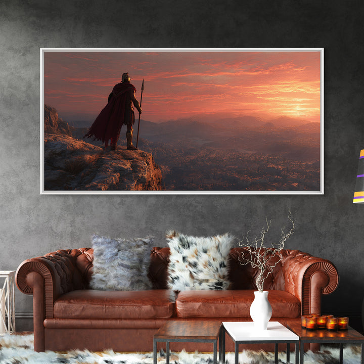 Epic Ancient Warrior Standing On Cliff Overlooking Valley Sunset Landscape Wall Art Modern Digital Painting Canvas Print For Office Decor
