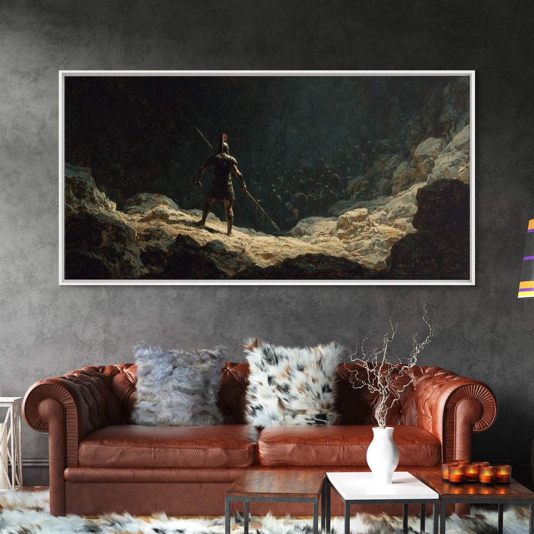 Lone Spear Warrior Facing Shadow Army Wall Art, Ancient Battle Canvas Print For Dark Fantasy Home Decor And Man Cave Office Decor