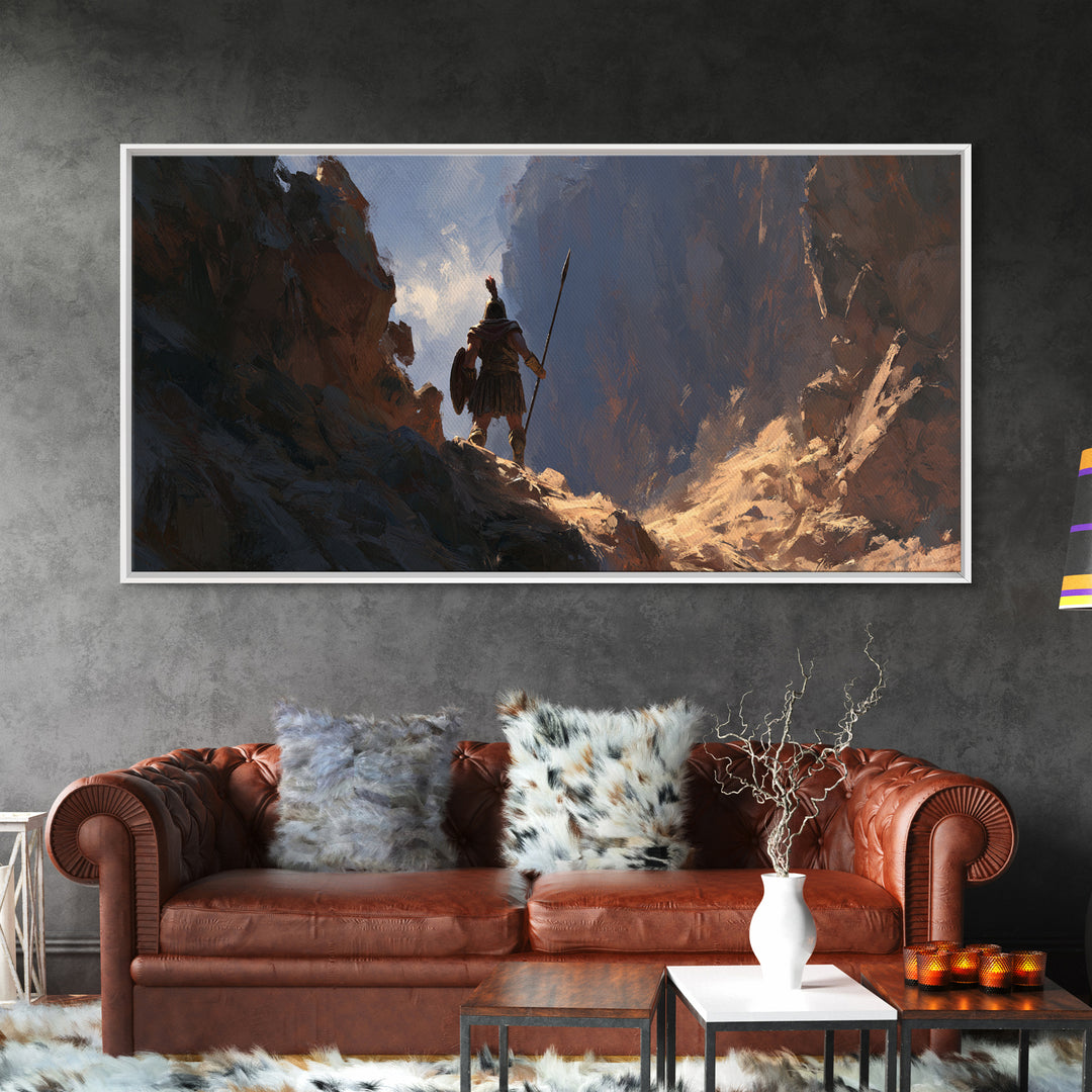 Lone Warrior In Mountain Canyon Framed Canvas Print, Fantasy Art, Mountain Wall Art, Rustic Decor, Gift For Him, Office Wall Art