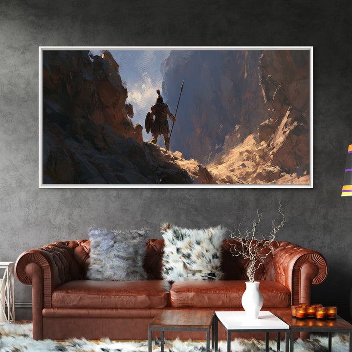 Lone Warrior In Mountain Canyon Framed Canvas Print, Fantasy Art, Mountain Wall Art, Rustic Decor, Gift For Him, Office Wall Art