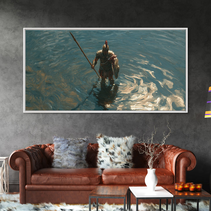 Armored Knight Standing In Shimmering Water Canvas Print, Medieval Fantasy Wall Art, Moody Lake Decor For Living Room Art