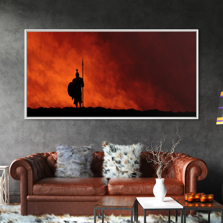 Lone Spear Warrior At Fiery Red Horizon Wall Art, Epic Fantasy Battle Canvas, Dark Warrior Decor, Man Cave Gift, Home Office Decor