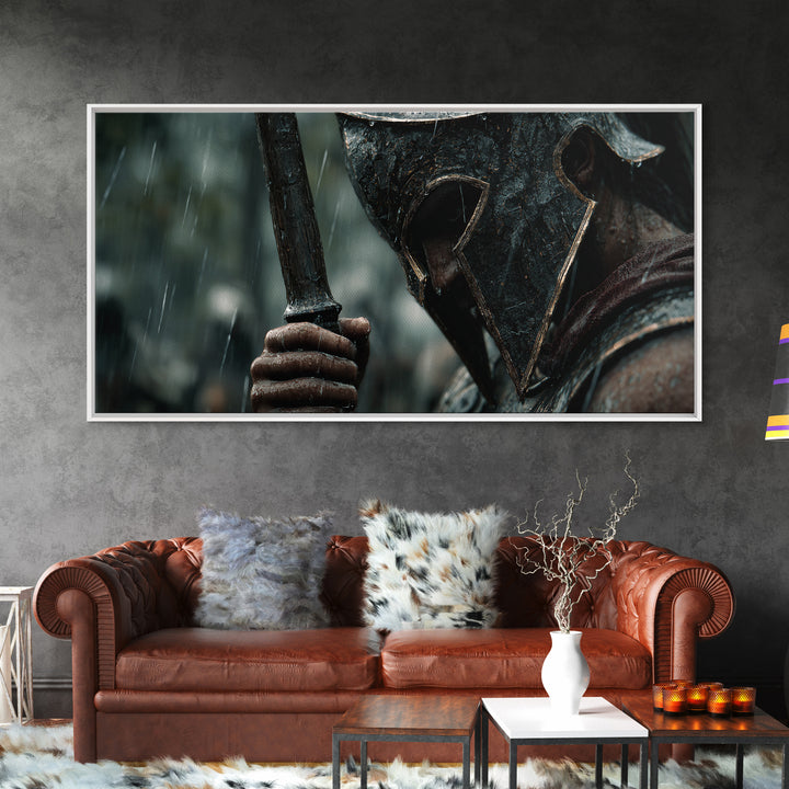 Rain Soaked Spartan Helmet And Axe Framed Canvas Print, Dark Warrior Wall Art, Ancient Battle Decor, Masculine Gift For Him