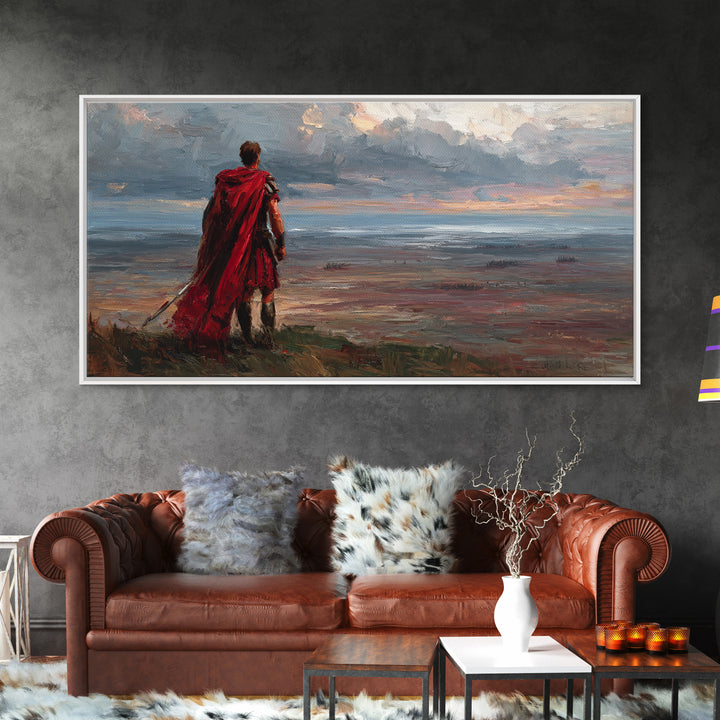 Red Cloaked Warrior Over Stormy Shore Wall Art, Epic Coastal Landscape Canvas Print, Fantasy Living Room Decor, Gift For Him