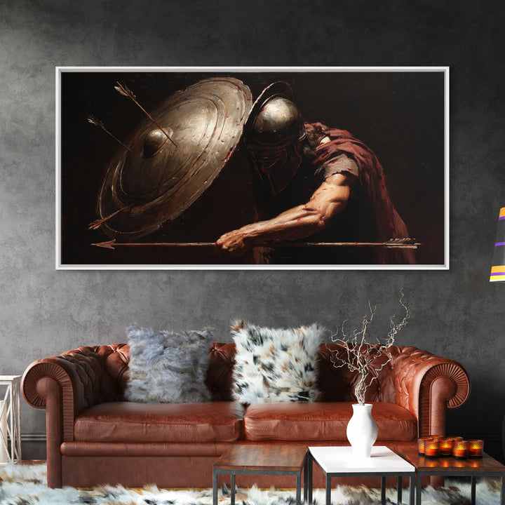 Armored Warrior With Shield And Spear Canvas Print, Dark Fantasy Wall Art, Medieval Battle Decor For Office Or Man Cave Gift