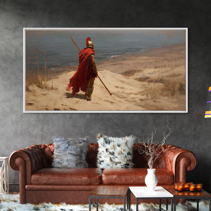 Lone Spartan Warrior On Shore Framed Canvas Print, Ancient Greek Wall Art, Historical Coastal Decor, Masculine Gift For Him
