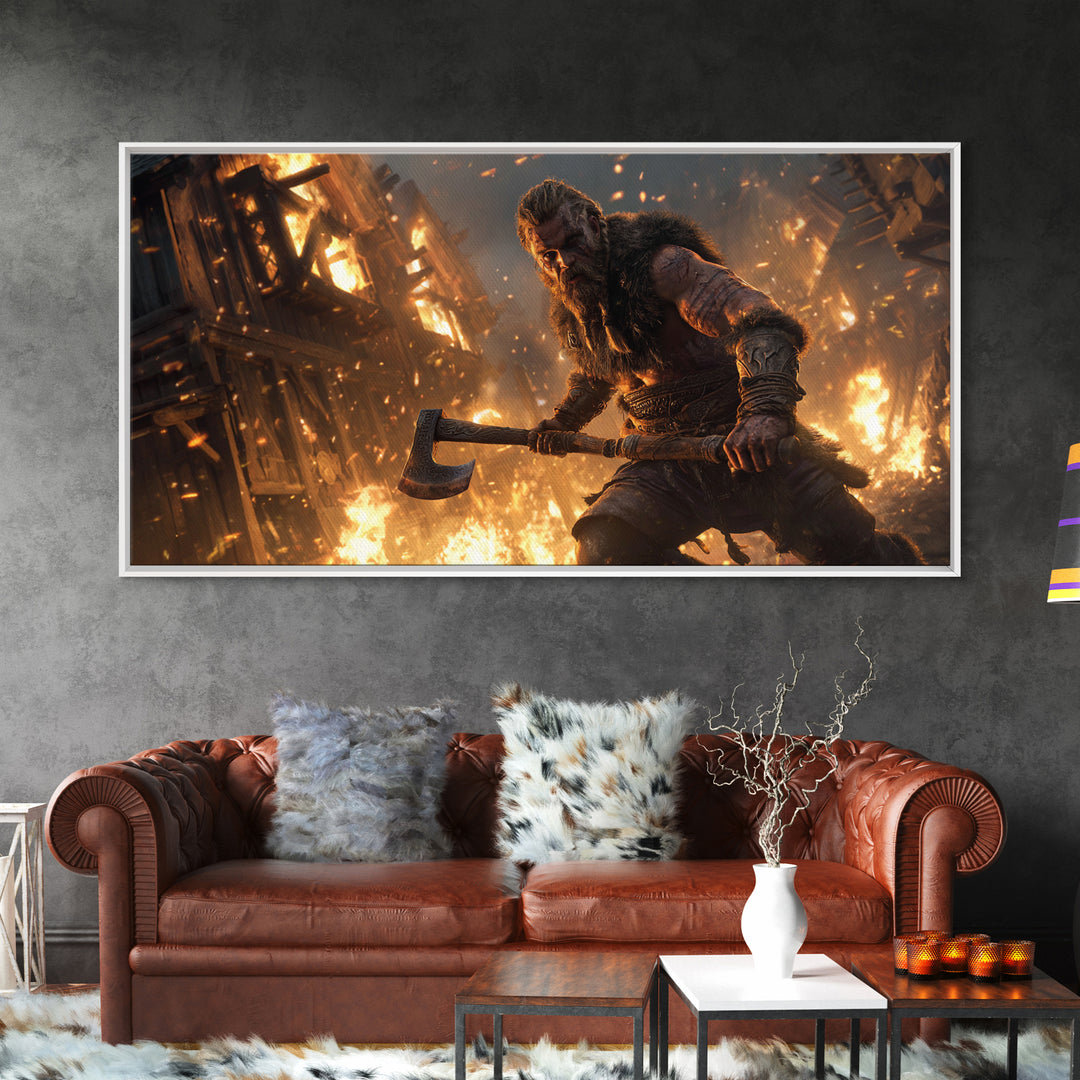 Fiery Viking Warrior Holding Axe Against Burning Village Background Canvas Print For Rustic Home Decor And Office Art